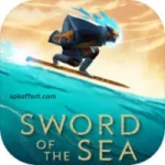 A character surfing across glowing sand waves in the world of Sword of the Sea Adventure.